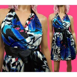 Y2k Bebe Silk Mini Bubble Hem Halter dress With Sash Size L Blue